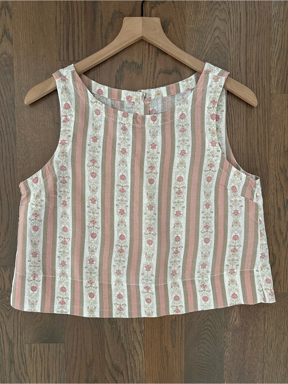 Joie Linen Floral Stripe Boxy Sleeveless Linen Tank Cream, Pink, Green Small